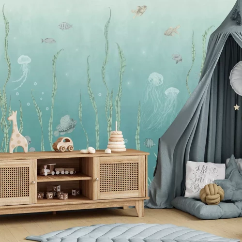 Fototapete Fische und Quallen zwischen grünen Pflanzen Meeresunterwasserlandschaft