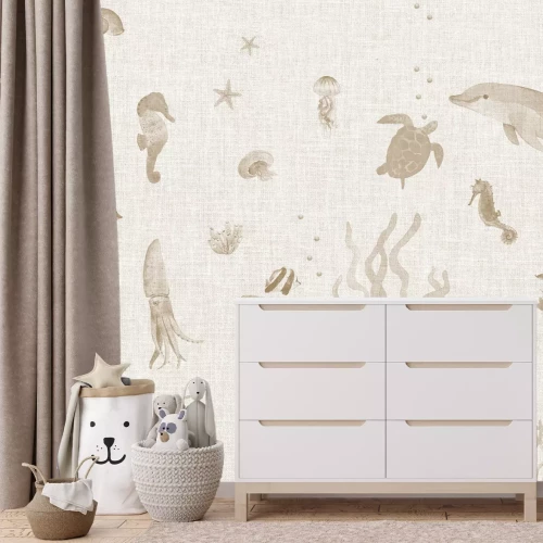 Fototapete Fische und Tiere zwischen Pflanzen Unterwasserwelt minimalistisches Muster für Kinder