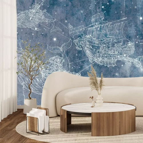 Fototapete Schiff mit Walen am Sternenhimmel abstraktes Muster für Kinder