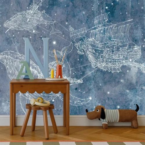 Fototapete Schiff mit Walen am Sternenhimmel abstraktes Muster für Kinder