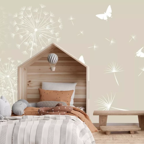 Fototapete Weiße Schmetterlinge und Löwenzahn mit Samen im Wind, minimalistisches Muster