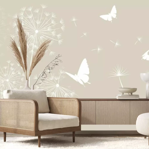 Fototapete Weiße Schmetterlinge und Löwenzahn mit Samen im Wind, minimalistisches Muster