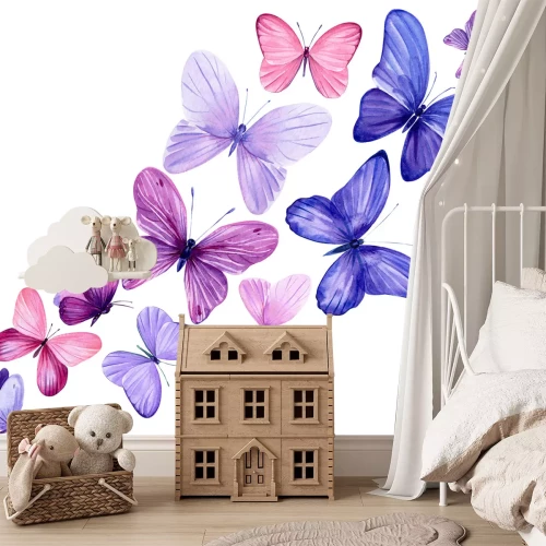 Fototapete Zartes Muster mit Schmetterlingen im Aquarellstil auf hellem Hintergrund