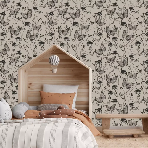 Fototapete Schmetterlinge unter Wildblumen, monochromatisches Retro-Botanisches Muster