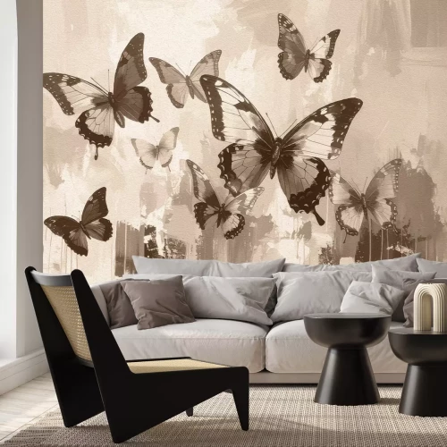 Fototapete Schmetterlinge im Aquarellstil auf strukturiertem Hintergrund, zartes künstlerisches Muster