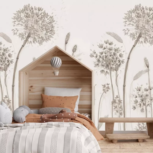 Fototapete Löwenzahn und zarte Wildpflanzen, beigefarbene Grafik im minimalistischen Stil