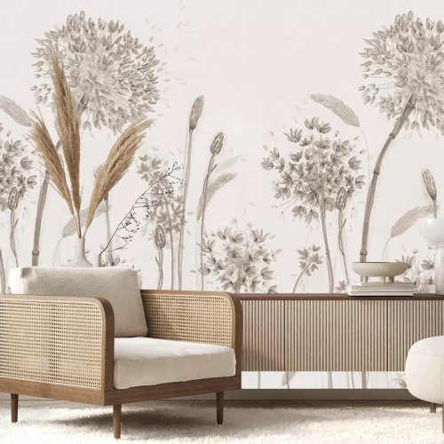 Fototapete Löwenzahn und zarte Wildpflanzen, beigefarbene Grafik im minimalistischen Stil