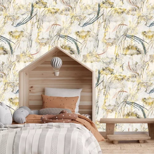 Fototapete Aquarell-Wildblumen und Löwenzahn in einem natürlichen Pflanzenmotiv