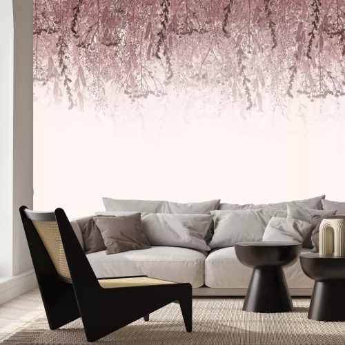 Fototapete Rosa Blumen und hängende Pflanzen auf hellem Hintergrund, botanisches Motiv