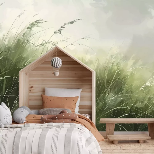 Fototapete Natürliche Landschaft, grünes Grasfeld, friedlicher Blick auf die Natur