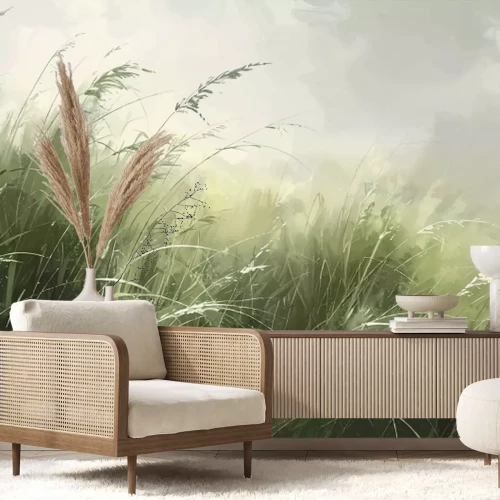 Fototapete Natürliche Landschaft, grünes Grasfeld, friedlicher Blick auf die Natur