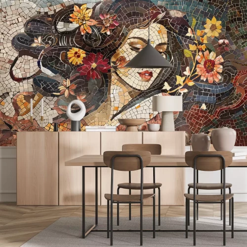 Fototapete Moderne abstrakte Mosaik eines weiblichen Porträts mit Blumen