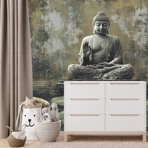 Fototapete Buddha und weiße Lotusblume auf strukturiertem Betonhintergrund