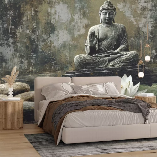 Fototapete Buddha und weiße Lotusblume auf strukturiertem Betonhintergrund