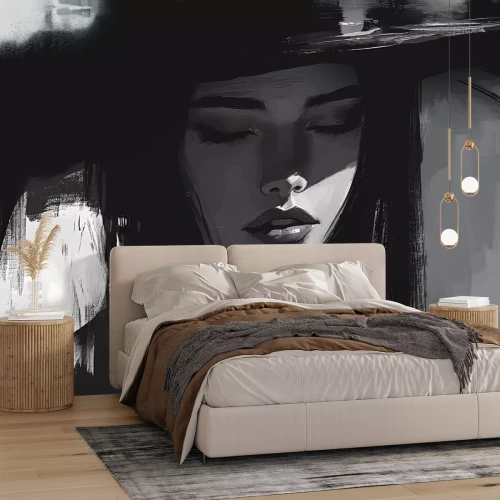 Fototapete Weibliches Porträt mit Hut im Stil eines künstlerischen Gemäldes