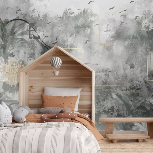 Fototapete Abstraktes Porträt einer Frau mit tropischen Pflanzen auf Betonhintergrund