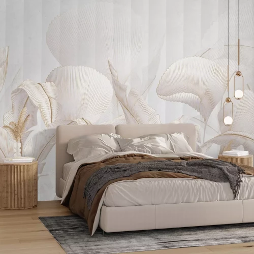 Fototapete Tropische Blätter vor einem Hintergrund mit hellen Streifen und Textur im eleganten Stil