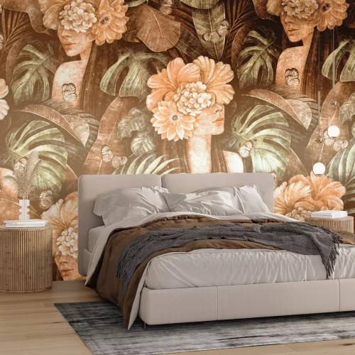 Fototapete Porträt einer Frau mit Blumen auf dem Kopf tropisches Vintage-Muster