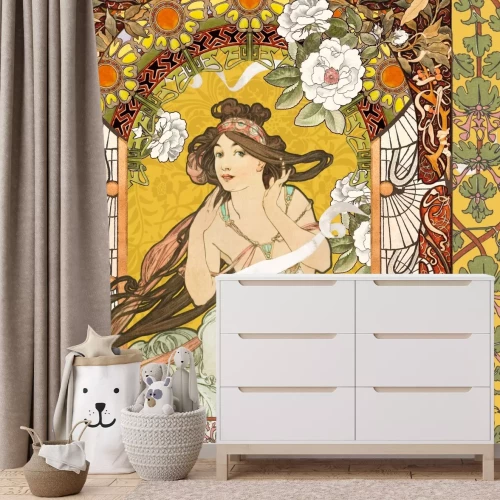 Fototapete Künstlerisches Porträt einer Frau inspiriert von Alfons Mucha