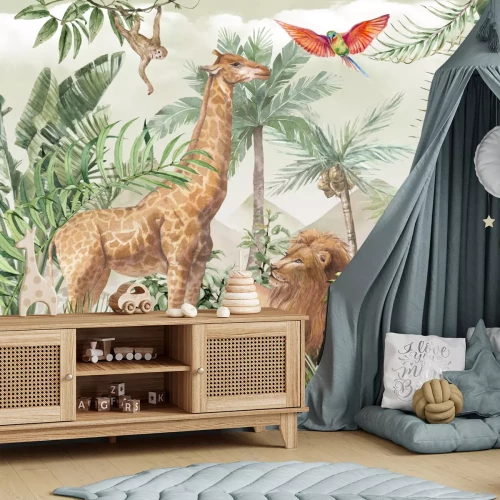 Fototapete Safari-Tiere und exotische Vögel im tropischen Dschungel Aquarell