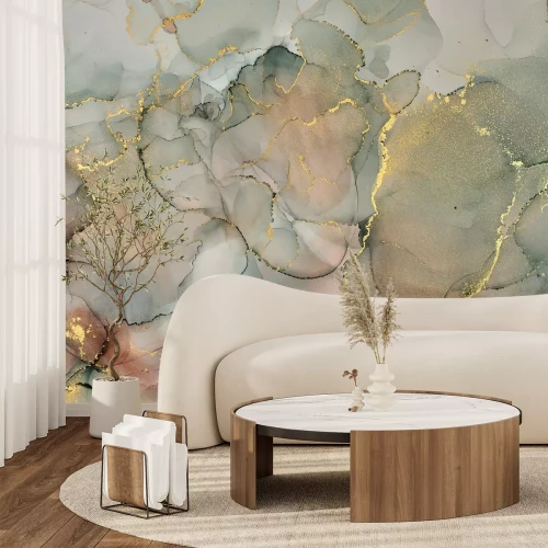 Fototapete Marmorierter Hintergrund im Aquarellstil mit goldenen Verzierungen