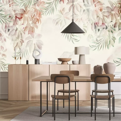 Fototapete Zarte tropische Blätter Muster im Aquarellstil botanische Komposition