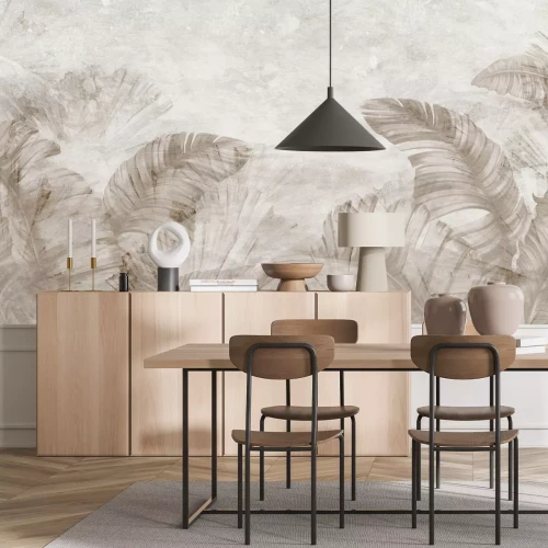 Fototapete Tropische Bananenblätter im Aquarellstil auf Betonhintergrund