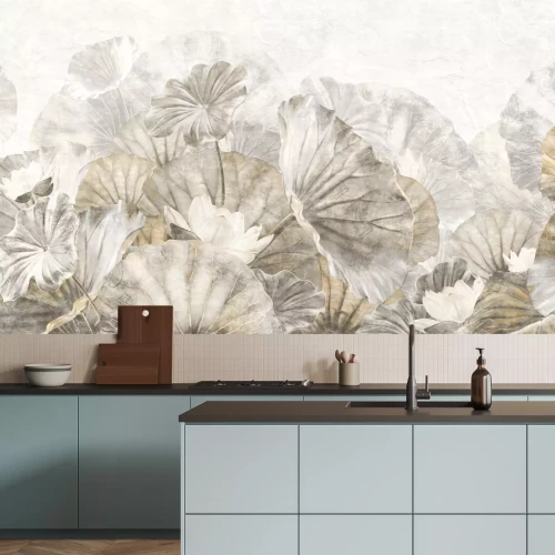 Fototapete Weiße Seerosen zwischen großen Blättern im Aquarellstil zarte Illustration