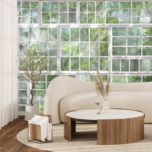 Fototapete 3D-Blick auf einen tropischen Dschungel durch ein Fenster