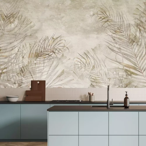 Fototapete Tropische Palmblätter auf beigem Beton-Hintergrund Boho-Stil