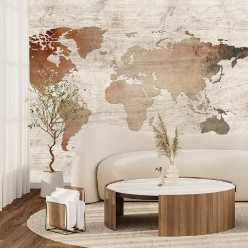 Fototapete Weltkarte auf holzigem Hintergrund rustikales Design