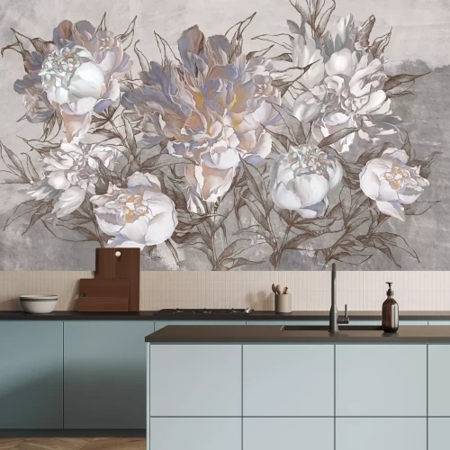 Fototapete Gemalte Pfingstrosen auf Betonhintergrund