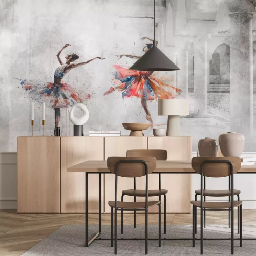 Fototapete Tanz der Ballerinen im Aquarellstil mit Architekturelementen