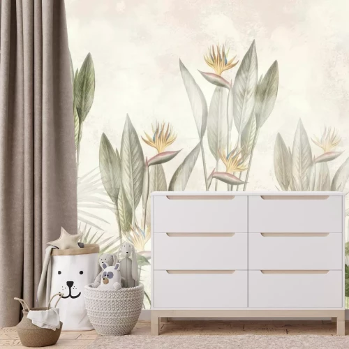 Fototapete Aquarell tropische Blumen und Blätter