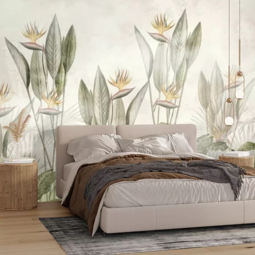 Fototapete Aquarell tropische Blumen und Blätter