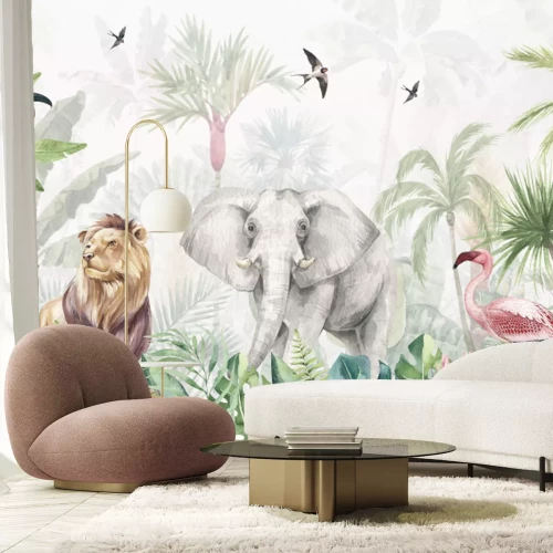 Fototapete Tiere zwischen tropischen Pflanzen im Dschungel