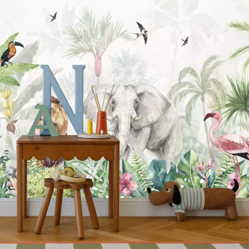 Fototapete Tiere zwischen tropischen Pflanzen im Dschungel