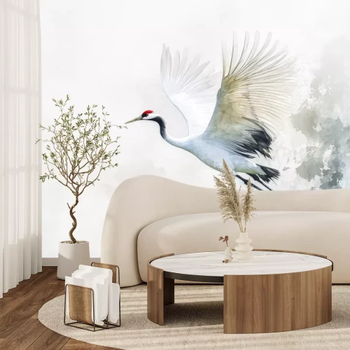 Fototapete This illustration represents a red-crowned crane flying with open wings in a watercolor painting style