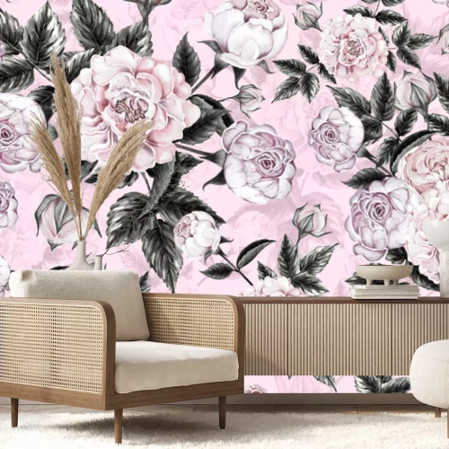 Fototapete Rosenblüten auf rosa Hintergrund