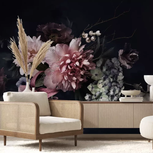 Fototapete Blumen im Barockstil auf dunklem Hintergrund