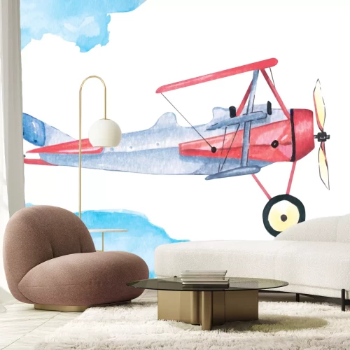 Fototapete Flugzeug und Wolken im Aquarellstil