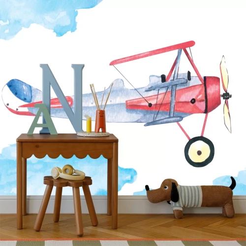 Fototapete Flugzeug und Wolken im Aquarellstil