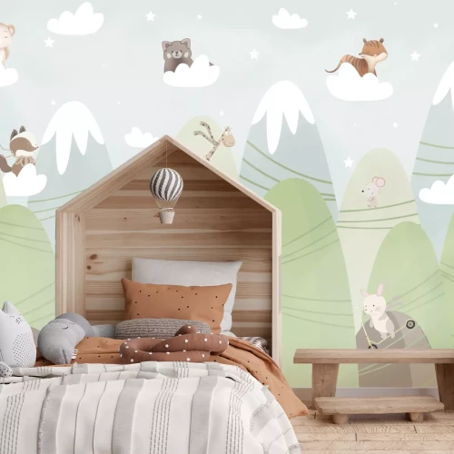 Fototapete Landschaft mit Bergen Tieren in der Clouds Fairytale -Landschaft