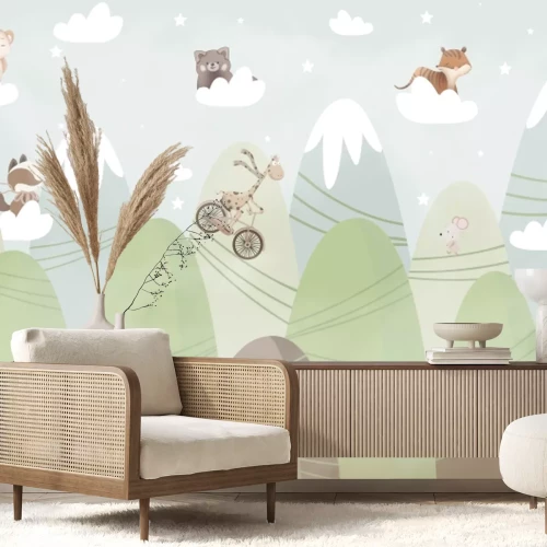 Fototapete Landschaft mit Bergen Tieren in der Clouds Fairytale -Landschaft