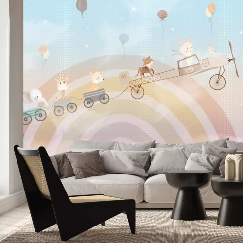 Fototapete Tiere und Luftballons vor dem Hintergrund des Regenbogens