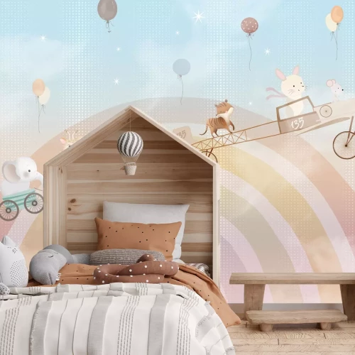 Fototapete Tiere und Luftballons vor dem Hintergrund des Regenbogens