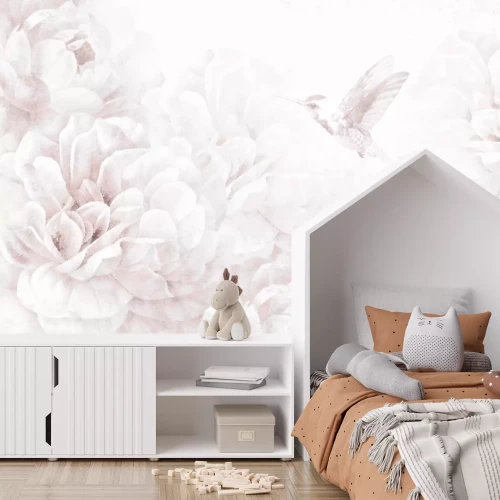 Fototapete Kolibri Zwischen Pastell-Pfingstrosenblumen