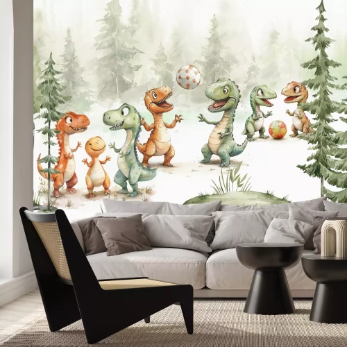 Fototapete Dinosaurier mit Ball im Aquarellwald