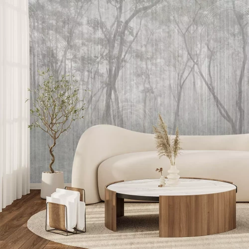 Fototapete Nebliger Landschaft mit Bäumen im Park