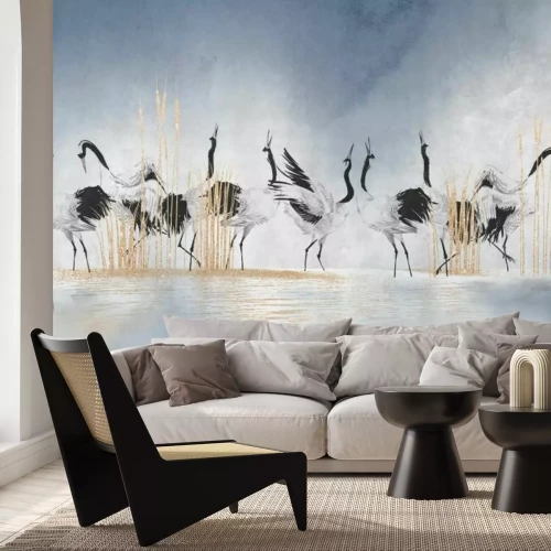 Fototapete Vögel, die im Wasser mit Gras stehen